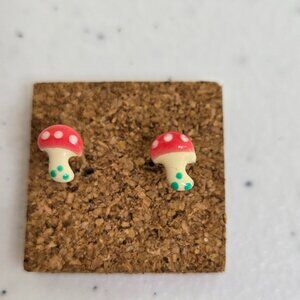 Mushroom Earrings Small Stud Red White Dots Tiny Dainty Cottagecore Enamel Boho